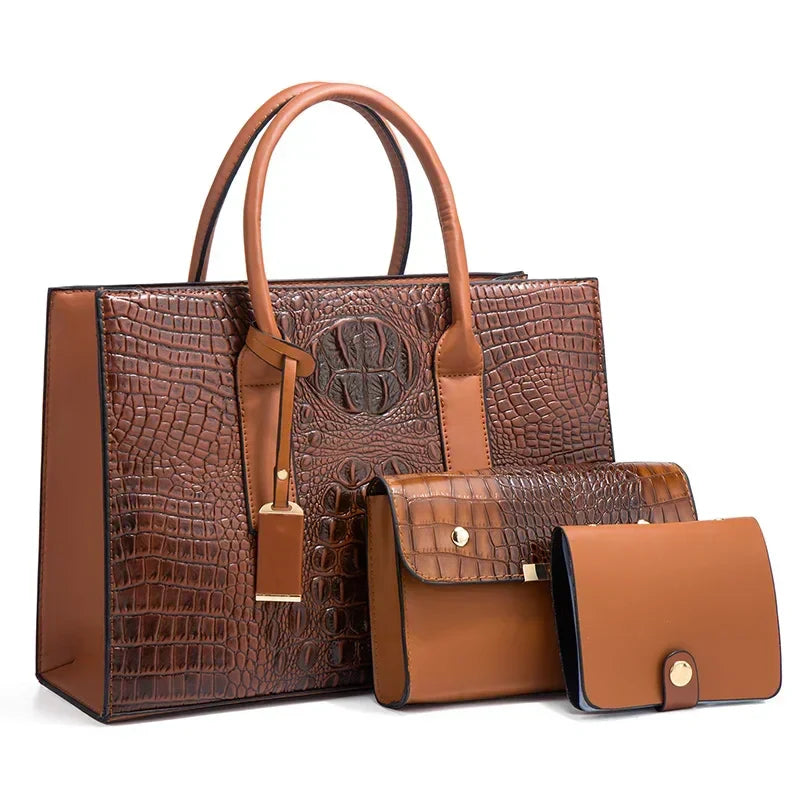 Fleur | Elegant crocodile-print handbag set with wallet and clutch