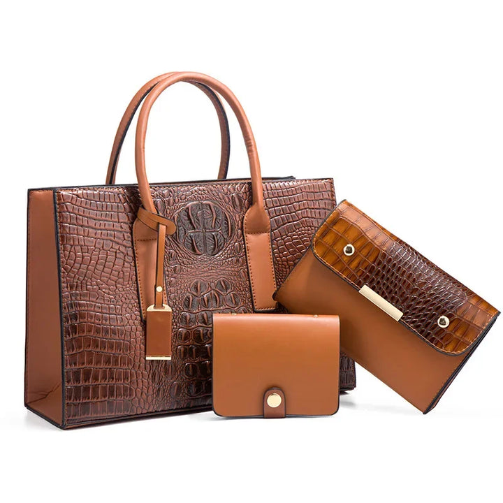 Fleur | Elegant crocodile-print handbag set with wallet and clutch